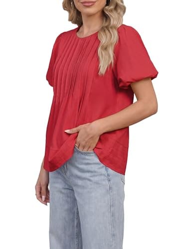 Funlingo Womens Puff Short Sleeve Babydoll Tops Summer Crew Neck Pleated Blouses Casual Loose Fit Flowy Swing Shirts 2026 Red L - Thumbnail 4