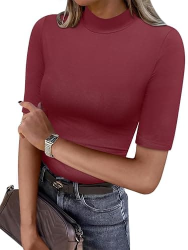 ANRABESS Women Tops Mock Neck 1/2 Short Sleeve Slim Fit Basic Tee Shirts Dressy Work Business 2026 Summer Fall Casual Outfits Burgundy Medium - Image 1