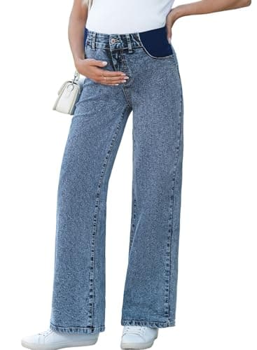 BLENCOT Pregnancy Jeans for Women Maternity Wide Leg Pants High Waisted Trendy Loose Casual Denim Outfits with Pockets Sail Blue XX-Large - Image 1