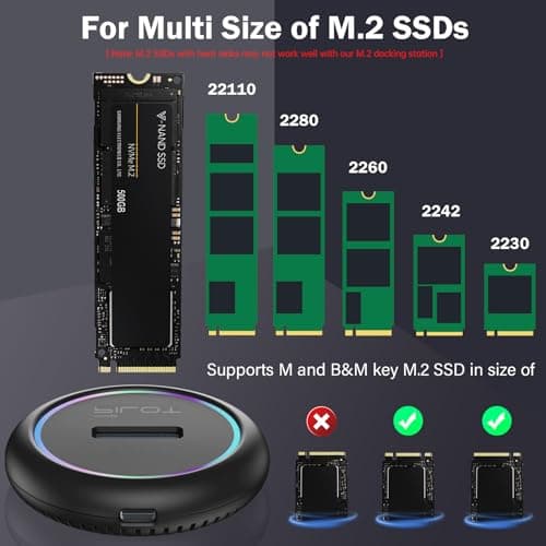 AMZPILOT M.2 NVMe & SATA to USB C Docking Station, M.2 SSD to USB A C Reader Adapter for Both M Key & B+M Key NVMe PCIE and SATA NGFF SSD Dock, Size for 22110 2280 2260 2242 2230 RGB Light Enclosure - Thumbnail 3