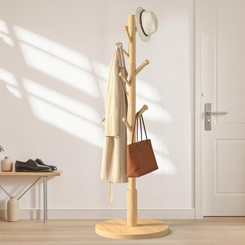 ACIPENSER Coat Rack Freestanding Wooden Coat Tree Stand with 8 Round-tip Hooks, 3 Adjustable heights Coat Hat Rack for Entryway,Bedroom,Hallway,Office (Natural) - Thumbnail 3