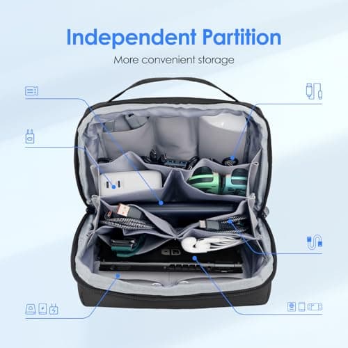 LENTION Premium Electronics Organizer Case with Handle, Large Multi-Compartment Travel Tech Bag for Tablet, Macbook Chargers, Cables, AirPods, Hard Drive Case Waterproof Travel Accessory(M372 Black) - Thumbnail 6