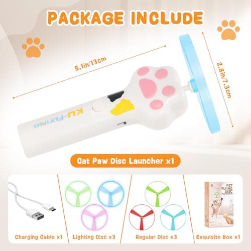 HOMQYTE Cat Chase Fetch Toy - Rechargeable Disc Launcher with 6 Flying Spinners - Best Interactive Pet Hunting Toys for Indoor Outdoor Yard Cats Dog (White) - Thumbnail 2