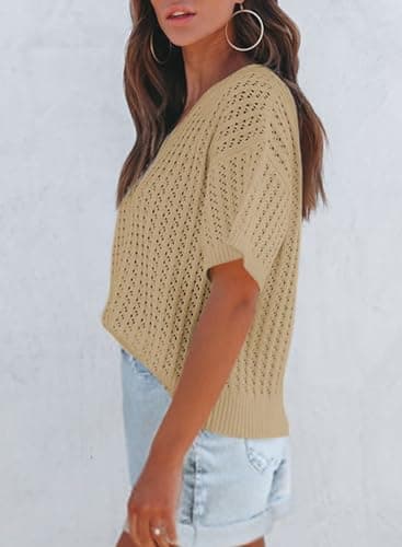 Dokotoo Tops for Women Trendy 2025 Spring Summer Blouses Elegant V Neck Hollow Out Solid Short Sleeve Shirts Cute Lightweight Relaxed Baggy Sweaters Casual Work Business Loose T-Shirts Khaki XL - Thumbnail 5