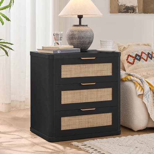 LEYAOYAO Rattan Night Stand with Drawers, 23" Large 3 Drawer Boho Nightstand, Black Bedside Table Storage Cabinet, Bed Side End Tables Dresser for Bedroom, Living Room, Hallway, Closet - Thumbnail 5