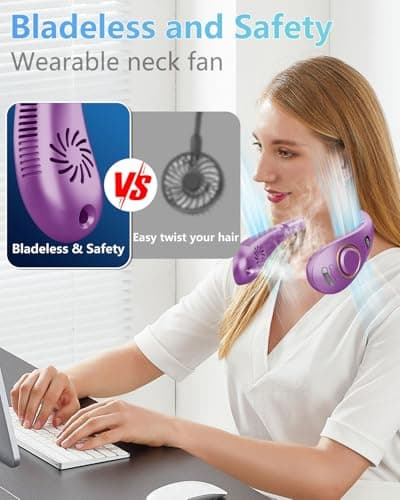 Portable Neck Fan Rechargeable,Bladeless Misting Fan Around Neck Fans that Blow Cold Air,Wearable Cooling Fan Mister Over the Neck,Headband Mobile Nevk Cooler Best Gifts for Women Men Adults Purple - Thumbnail 5