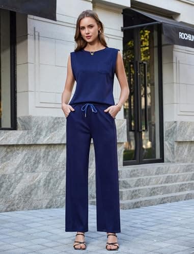 difficort 2 Piece Lounge Set Women CrewNeck Casual Sleeveless Tops Straight Leg Pants Matching Outfits,Navy,Large - Thumbnail 4