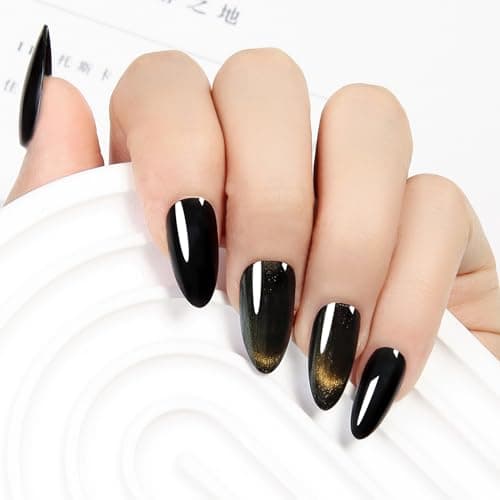 Glue On Nails Almond Black Goth - Cat Eye Mysterious Shine Handmade Reusable Nails for Gothic Chic Look, 24 Nails in 12 Sizes with Glue, Adhesive Tabs, File, Prep Pad, Manicure Stick