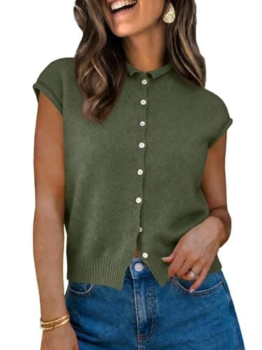 UNCLECAT Womens Cap Sleeve Cardigans Lightweight Summer Business Casual Tops Button Down Sweater Shirt Olive Green
