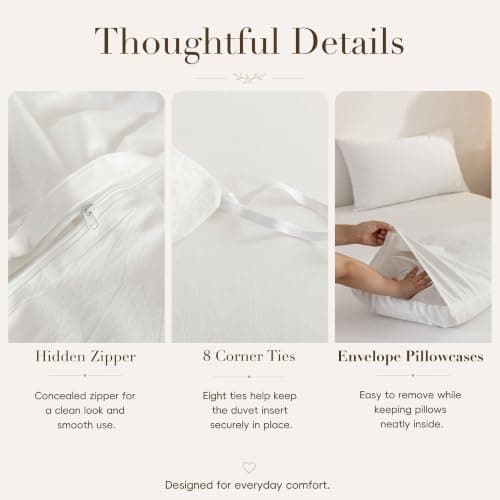 ELIMMO California King Duvet Cover - 3 Piece 100% Washed Cotton Linen Feel Bedding Set, All Season Durable Breathable Comfy Minimalist, Off White 104" X 98" - Thumbnail 4