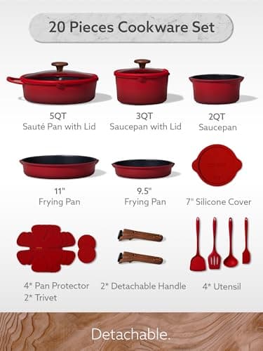 CAROTE 20Pcs Titanium Cookware Set, Pots and Pans Set Non Stick, Kitchen Cooking Set with Detachable Handle, Non Toxic Induction Cookware - Camping Cookware, Dishwasher/Oven Safe, Red - Thumbnail 2