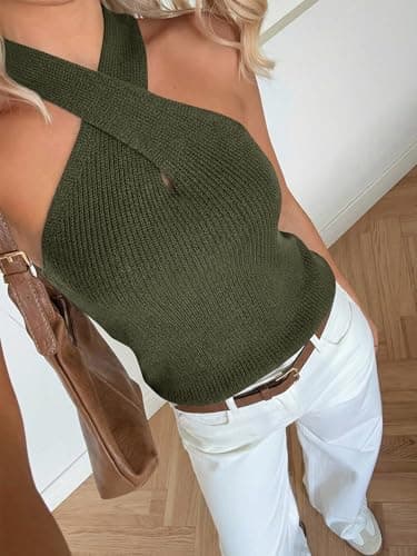 LaGracia Women's Halter Criss Cross Crochet Tops Knit Sleeveless Sweater for Women Tank Trendy Elegant Spring Summer Outfits 2026 ArmyGreen S - Thumbnail 5