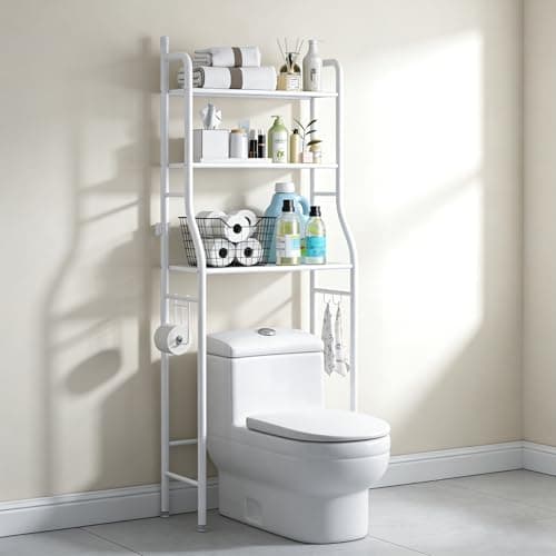 LITTLE SNOW BEAR 3-Tier Over the Toilet Storage Shelf with Adjustable Foot Pads, Anti-Tilt Metal Bathroom Organizer with Paper Holder & 4 Hooks, No Drill Space Saving Toilet Rack, White