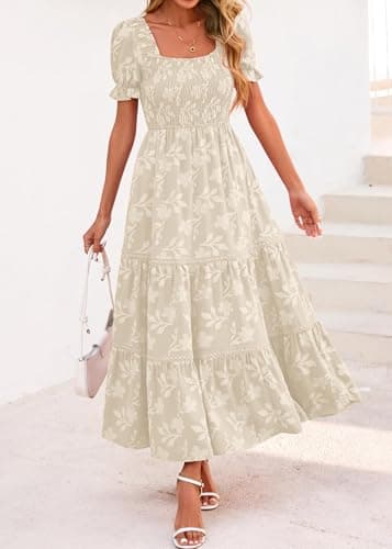 Lazysmile Women's Summer Boho Floral Maxi Dress Short Sleeve Square Neck Smocked Ruffle Elegant Wedding Guest Dress Apricot - Thumbnail 4