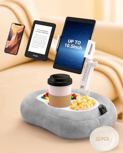Tablet & Kindle Pillow Stand for Bed, Adjustable iPad Holder for Couch and Lap with 2 Snack Bowls, Cup Holder, 50 Disposable Liners and Washable Cover, Grey