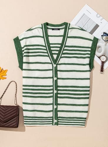 Dokotoo Striped V Neck Button Women Vest Open Front Short Sleeve Sweater for Women Fall Outfits for Women 2026 Winter Clothing Green X Large - Thumbnail 3