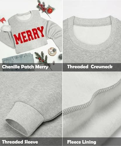 LETSEE Christmas Sweatshirts for Women 2025 Cute Merry Sequin Graphic Oversized Fleece Holiday Pullover Tops Xmas Gifts, Grey, Medium - Thumbnail 5
