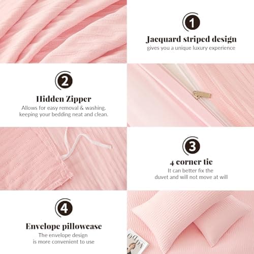 DCSKY Pink Duvet Cover Queen Size, 3pcs Washed Microfiber Bedding Set, Soft Breathable Rippled Duvet Cover Set with Zipper Closure for All Seasons - Thumbnail 4