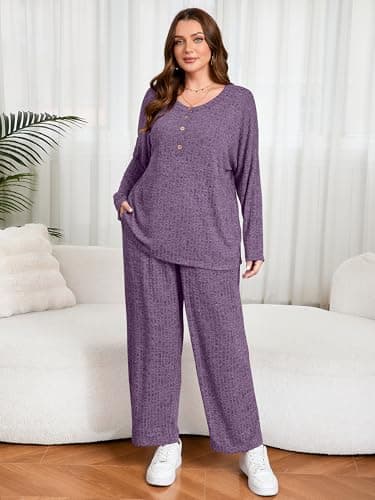 AusLook Plus Size 2 Piece Sets for Women Loose Wide Leg Pant Long Sleeve Top Matching Sets Purple 3X Tracksuit Loungewear 2027 Vacation Travel Airport Outfits Going Out Comfy Track Suits - Thumbnail 5