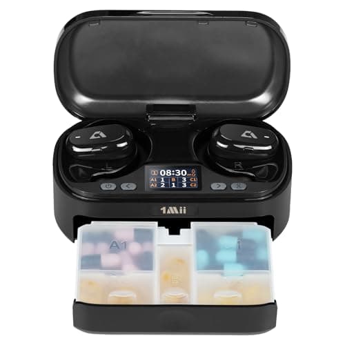 1Mii Smart Pill Dispenser with Alarm, Electronic Pill Organizer with 5 Daily Reminders, App & Vibration Alerts, Travel Pill Box for Vitamins & Medication + Open-Ear Bluetooth Headphones
