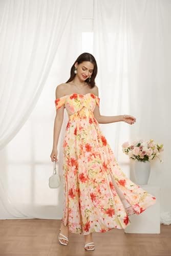 2025 Women's Summer Sleeveless Off Shoulder Floral Flowy A Line Maxi Dresses Light Orange Red M - Thumbnail 3