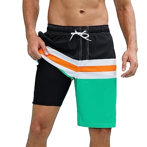 Arcweg Mens Swim Trunks with Compression Liner 9 inch 2 in 1 Shorts Big and Tall,Quick Dry, Black White Orange Blue - Image 1