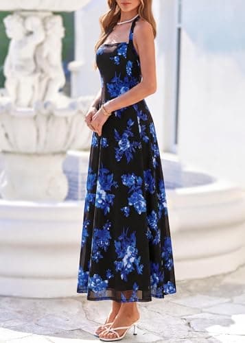 KIRUNDO Women's Summer Sleeveless Halter Floral Maxi Dress 2026 Beach Wedding Guest Cocktail Mesh Flowy A Line Long Sundress(Black, X-Large) - Thumbnail 5