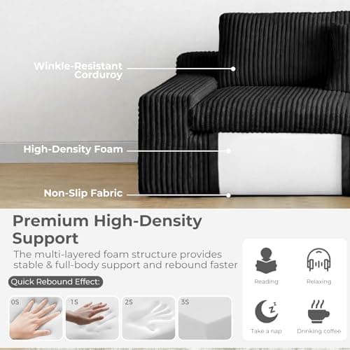HipyMo 105" L-Shaped Boneless Cloud Couch, Modular Sectional Sofa with Ottoman and Extra-Wide Armrests, Deep Seat Sectional Couches for Living Room, High-Density Foam, No Assembly Required, Black - Thumbnail 4