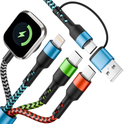 Jogrytece Dual Type C Port Multi Charging Cable Cord for Travel Vacation Essentials, 4 in 2 USB A/Type C/Lightning Cable for iWatch,iPhone 17-11,Xbox Series X&S,Airpods,Home,Office Car Charger, 5FT