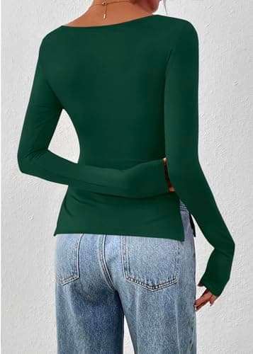 KIRUNDO Long Sleeve Going Out Tops for Women 2026 Spring Casual Boat Neck Workout Shirts Fall Fitted Side Slit Basic Tees(Dark Green, XX-Large) - Thumbnail 2