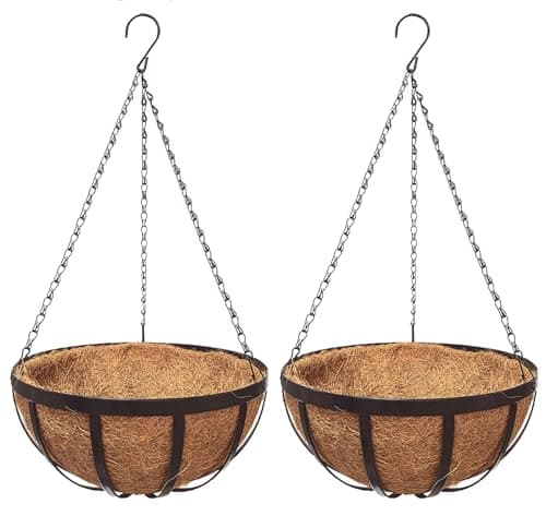 Kingbuy 10 Inch Outdoor Hanging Baskets, 2 Pack Black Metal Planters with Coco Liners, Rust-Resistant Iron Flower Pots for Patio/Balcony/Garden/Deck, Modern Hanging Decor for Flowers/Herbs/Succulents