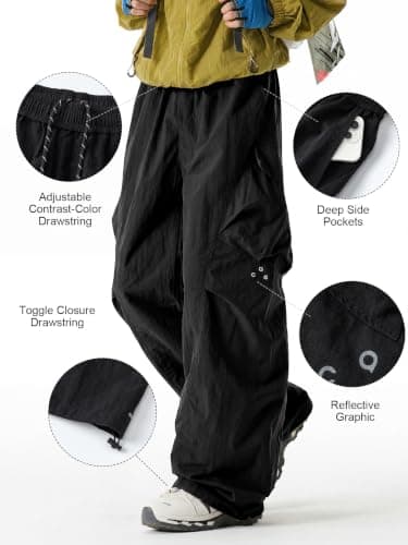 Areant Mens Baggy Hiking Cargo Pants Parachute Water Resistant Lightweight Wide Leg Pants Outdoor Climbing Trousers Black Large - Thumbnail 4
