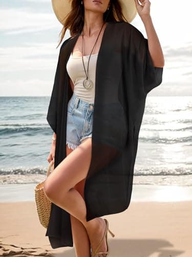 Women's Boho Long Kimono Cardigan Dusters Summer Lightweight Chiffon Sheer Beach Swimsuit Swimwear Bathing Suit Bikini Cover Ups Coverup Plus Size Resort Wear Solid Color Black XX-Large - Thumbnail 3