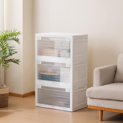 SOBIBO 3-Tier 101QT Stackable Storage Bins with Lid, Doors & Wheels, Collapsible Plastic Organizer Bins for Closet Bedroom, White - Image 1