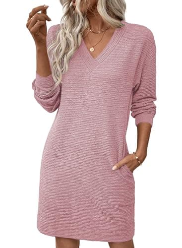 EVALESS Spring Dresses for Women 2026 Fashion V Neck Long Sleeve Summer Mini Dress Solid Casual Beach Vacation Clothes Tshirt Dresses with Pockets Women's Clothing Fushia X-Large - Image 1