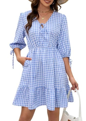 ECOWISH Women's Summer Mini Dress 2026 Tie Front V Neck 3/4 Sleeve A-Line Tiered Flowy Gingham Short Dresses with Pocket Blue Medium - Image 1