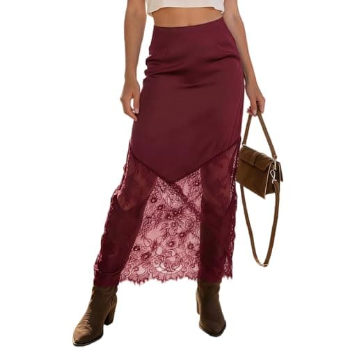 Women's 2026 Lace Patchwork Bodycon Skirt - High Waist Elegant Solid Maxi Long Skirt (US, Alpha, Medium, Regular, Regular, Red) - Image 1