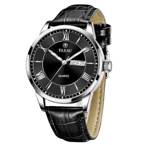 Taxau Mens Watch Black Leather Band Waterproof Watches for Men Casual Analog Quartz Dress Watch Large Face Men's Wrist Watch Classic Luxury Watches with Day Date Luminous