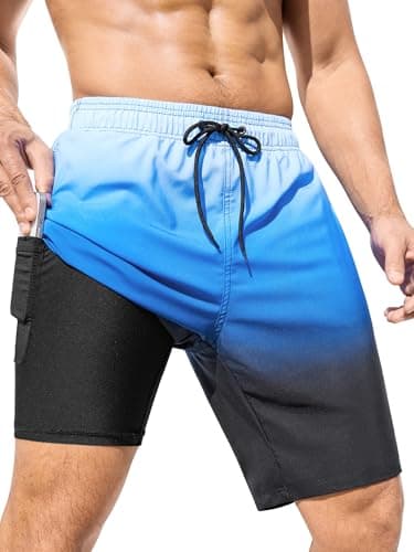 SILKWORLD Mens Swimming Trunks with Compression Liner 2 in 1 Quick-Dry Bathing Suits with Zipper Pockets, Gradient-Blue Black, X-Large - Image 1