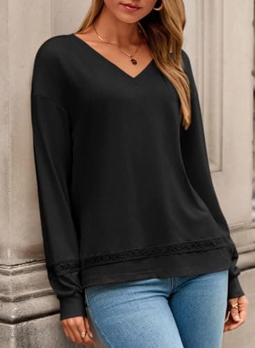 Dokotoo Boho Tops for Women Long Sleeve V Neck Blouses Black Shirts Dressy Casual Solid Embroidered Spring Shirts Plus Size Tops and Blouses Fashion Womens Clothes Large - Thumbnail 4