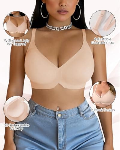 LIIJOO Jelly Bra for Women No Underwire, Seamless Wireless Push Up Bra, Full Coverage Supportive T-Shirt Bra for Plus Size, Back Smoothing Comfort Bra（Tapioca Pink, M） - Thumbnail 3