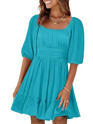 ANRABESS Womens Lantern Short Sleeve Square Neck Casual Flowy Mini Dresses 2026 Holiday Summer Spring Beach Vacation Clothes Lake Green Medium - Image 1