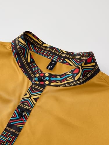 ZAFUL Men's Hipster African Tribal Graphic Patchwork Design Slim Fit Long Sleeve Button up Mandarin Collar Shirts (Orange Tribal Graphic S) - Thumbnail 2