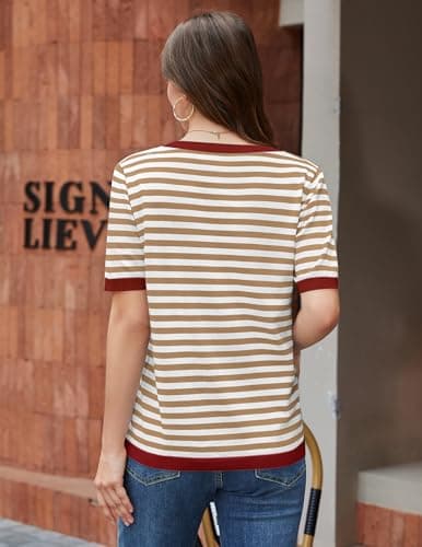Aprolive Striped Shirt Women Short Sleeve Sweater with Chest Pocket Color Block Crewneck for Spring Summer Casual Layering(7-Red Coffee,Medium) - Thumbnail 6