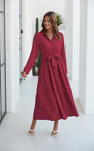 ECOWISH Women's Maxi Shirt Dress - 2026 Long Sleeve Button Casual Fall A-line Work Tiered Dresses with Belt and Pockets Wine Red X-Large - Thumbnail 4