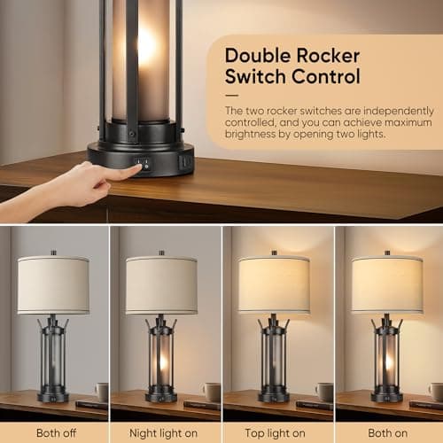 QiMH Farmhouse Table Lamps for Living Room, Beside Lamps for Bedroom with USB A+C Charging Ports, Rustic Nightstand Lamp Set of 2 with Frosted Glass Night Light, 4 Bulbs Included (Black) - Thumbnail 2