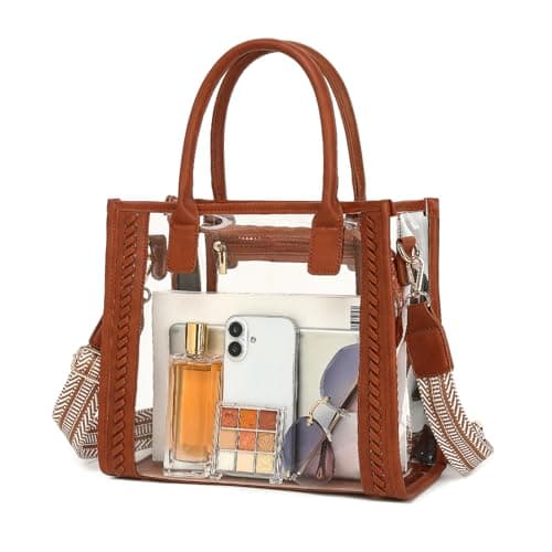 FAIME Clear Tote Bag Stadium Approved, Clear Crossbody Purse Transparent Woven Handbag for Concert, Beach & Stadium event (Brown)
