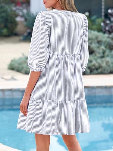 BTFBM Womens Summer Dresses 2026 Striped Mini Dress Half Sleeve Button Down Casual Flowy Beach Vacation Outfits Pockets(Light Blue, X-Large) - Thumbnail 3