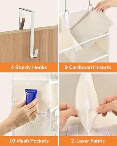 ULG Over the Door Organizer, 5-Tier Extra Large Hanging Storage with 10 Mesh Pockets, 100 lbs Capacity, Heavy Duty Door Organizer for Closet, Bedroom, Nursery Storage, Beige - Thumbnail 4