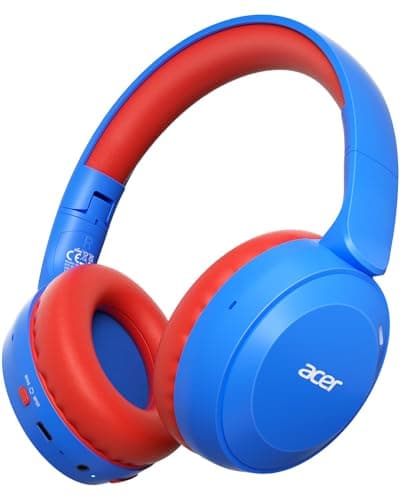 acer Kids Bluetooth Headphones, 85/94dB Volume Limiter, Foldable Wireless Over-Ear Headphones for iPad, Travel, 60H Playtime, Bluetooth 6.0, Built-in Mic, Blue Red, OHR668